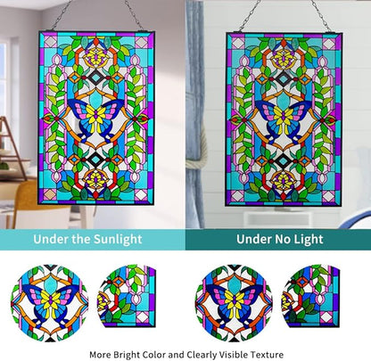 Viveta Butterfly Stained Glass Window Hangings, 10" W x 15" H Suncatcher Panel Windows Wall Decor with Metal Frame & Chain