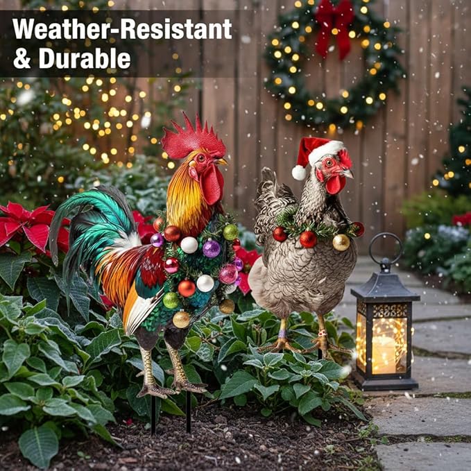 SUPVOX Christmas Rooster Chicken Yard Signs with Stakes 2pcs Metal Xmas Outdoor Yard Chicken Signs Christmas Animal Yard Sign Art Decoration for Lawn Garden Holiday Supplies
