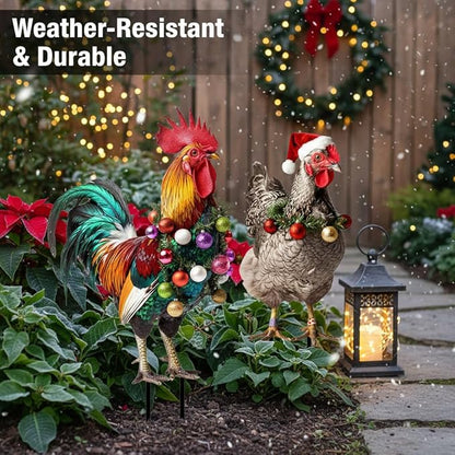 SUPVOX Christmas Rooster Chicken Yard Signs with Stakes 2pcs Metal Xmas Outdoor Yard Chicken Signs Christmas Animal Yard Sign Art Decoration for Lawn Garden Holiday Supplies
