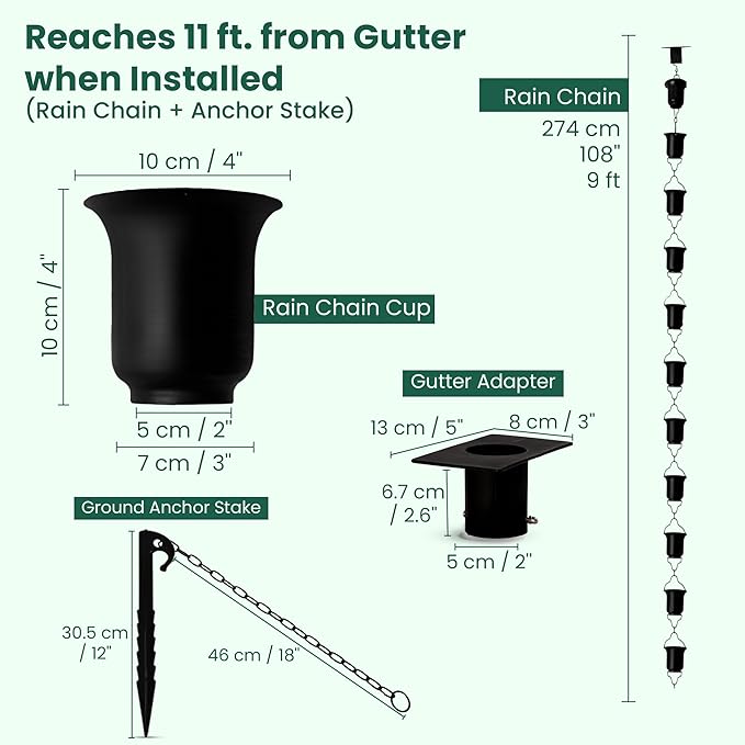 Black Rain Chain 9 FT, 11 FT Installed with Anchor Stake and Gutter Adapter, Durable Heavy Duty Rain Chains for Gutters for Heavy Rain, Rust Resistant, Outdoor Decor for Homeowners