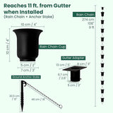 Black Rain Chain 9 FT, 11 FT Installed with Anchor Stake and Gutter Adapter, Durable Heavy Duty Rain Chains for Gutters for Heavy Rain, Rust Resistant, Outdoor Decor for Homeowners