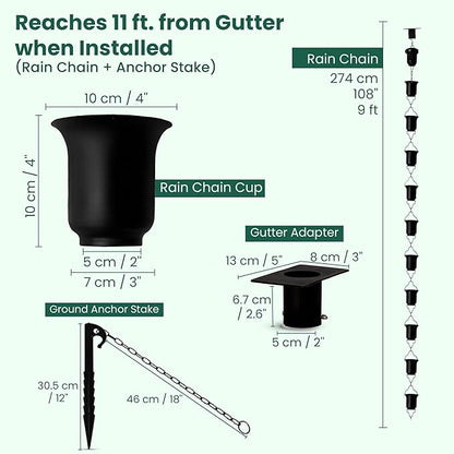 Black Rain Chain 9 FT, 11 FT Installed with Anchor Stake and Gutter Adapter, Durable Heavy Duty Rain Chains for Gutters for Heavy Rain, Rust Resistant, Outdoor Decor for Homeowners