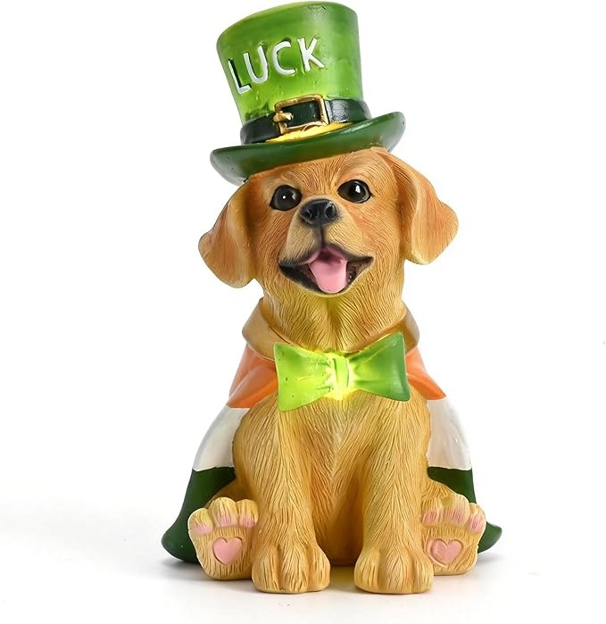 TERESA'S COLLECTIONS Saint Patrick's Day Decor, Dog Statue with Irish Costume and Solar Light, Waterproof Resin Garden Decor, Saint Patrick's Day Decor Gift for Party 8 Inch