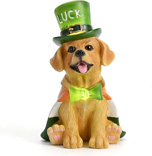 TERESA'S COLLECTIONS Saint Patrick's Day Decor, Dog Statue with Irish Costume and Solar Light, Waterproof Resin Garden Decor, Saint Patrick's Day Decor Gift for Party 8 Inch