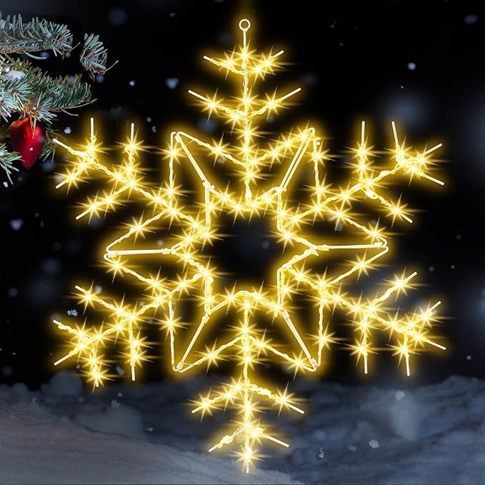 Tuanse 1 Pcs 24" Folding Christmas Snowflake Lights with Remote Control 150 LED Outdoor Hanging Light up Snowflakes Decor for Xmas Tree Window Yard Garden Porch Party Decoration (Warm White)