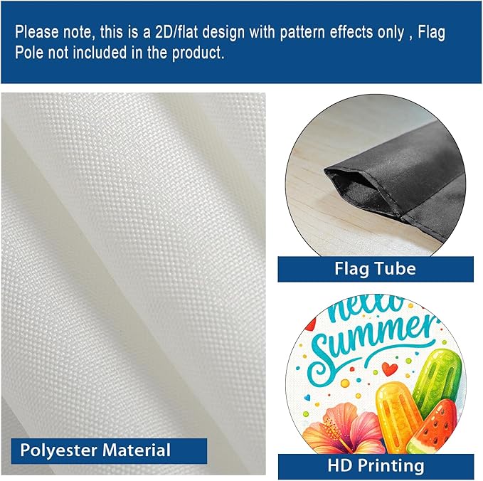 Nuxovilar Summer Garden Flag Hello Summer Ice Cream Hibiscus Flower Pattern Polyester 12x18 Inches Garden Flags for Outside Bright Decor Yard Porch