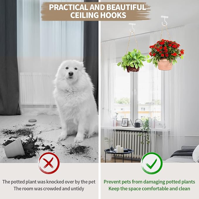 Ceiling Hooks for Hanging Plants 2pack 2.5inch Wall Mount Plant Hooks Meatl Plant Hanger Indoor for Hanging Lanterns, Bird Feeder, Flower Basket, Home Decor Indoor & Outdoor (White)