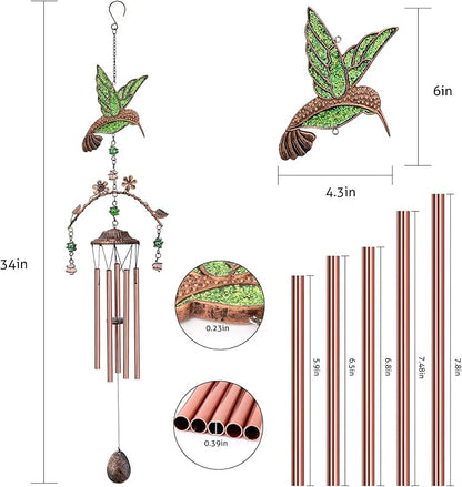 Wind Chimes - Green Hummingbird Wind Chimes for Outside Deep Tone 34 inches 5 Aluminum Tubes, Birthday, Memorial, Hummingbird Gifts for Mom, Grandma, Decorations for Home, Garden, Patio, Backyard