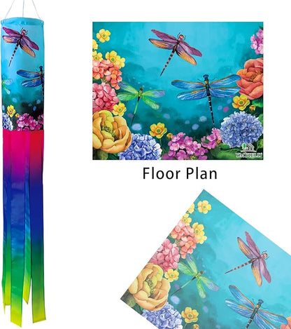 Floral Dragonfly Windsock 40 Inch Durable Outdoor Hanging Decoration for Yard Garden Patio Home and More