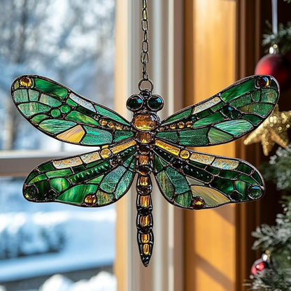 Emerald Faux Mosaic Dragonfly Acrylic Suncatcher Stained Glass Effect Window Car Hanging Christmas Ornament Indoor Outdoor Decor Garden Sun Catcher Panel for Dragonfly Lover for Women Mom Grandma