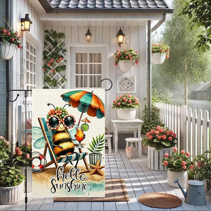 Welcome Summer Tropical Garden Flag Bee Swim Rings Beach Wooden Chair Sun Umbrella Garden Flags 12x18 Inch Double Sided Small Burlap Outside Decorations