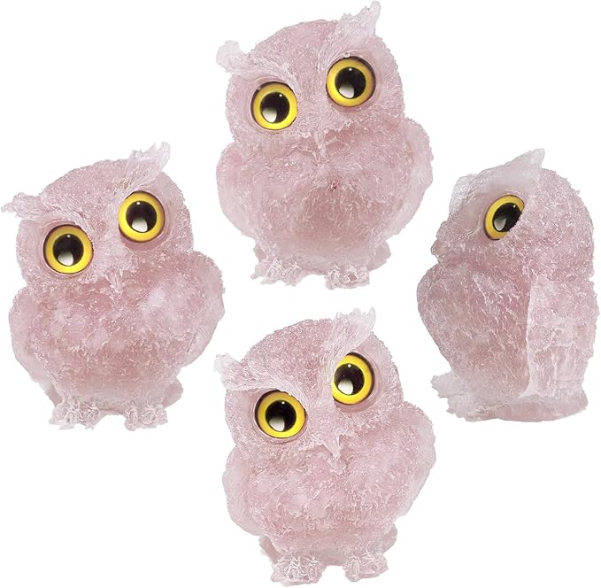 Nupuyai 3 inches Orgone Resin Crystal Chips Tumbled Stone Owl Statue, Mini Hand Carved Stone Crystal Animal Figurines for Tabletop Indoor Outdoor, Rose Quartz