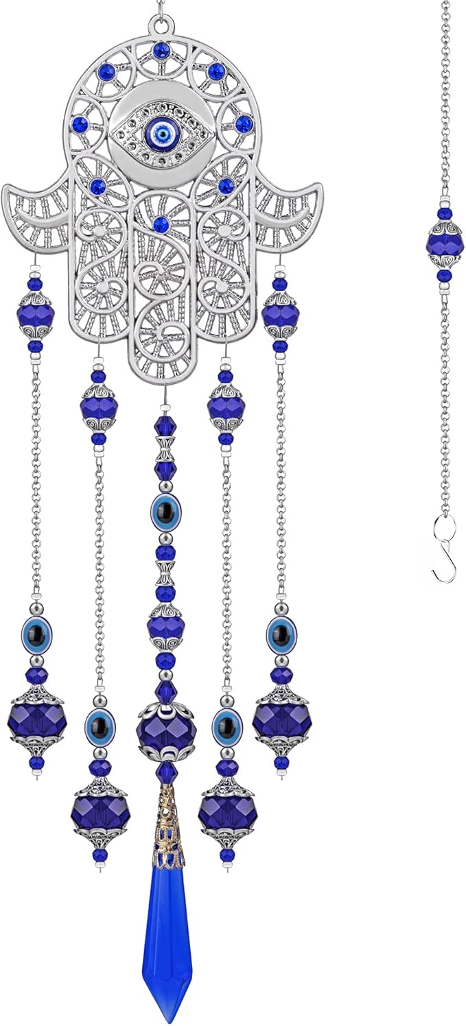 Crystal Prism Suncatcher Ornament for Christmas Tree with Hamsa Fatima Hand Protection Charm Turkish Greek Blue Evil Eye Sapphire Crystals Beads for Window Hanging Decoration