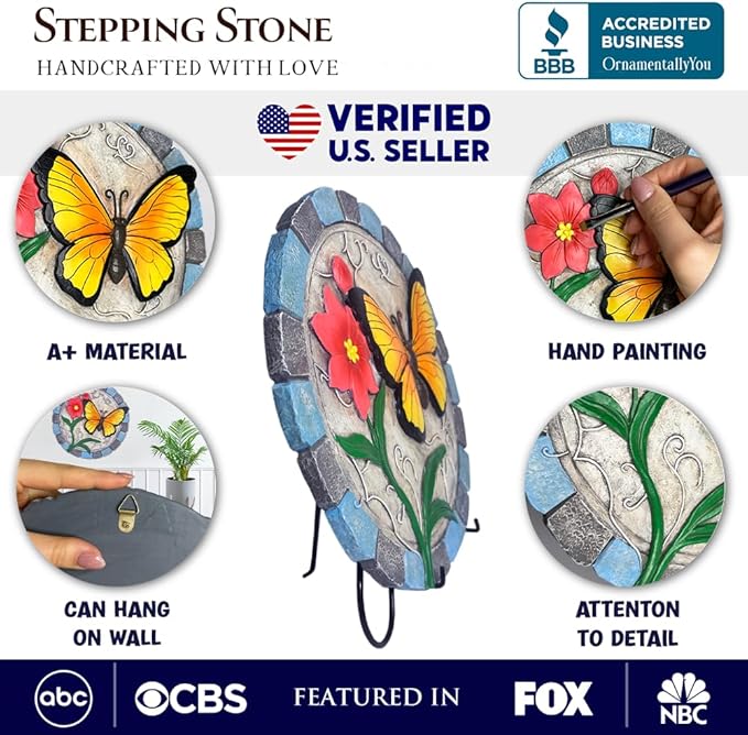 OrnamentallyYou Elegant Resin Stepping Stone, Outdoor Garden Pathway Decoration (Colorful Moments Bloom Stepping Stone, 9.5" Butterfly Garden Decorative Figurine)