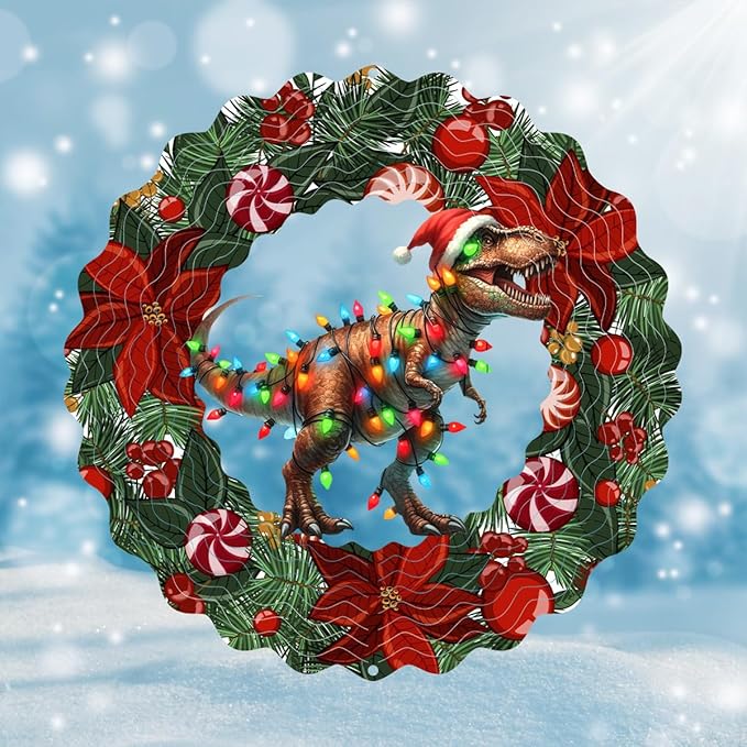 Dinosaur Metal Wind Spinner 3D Hanging Christmas Hat Wind Spinners Decor Christmas Dinosaur Metal Wind Sculptures for New Year Gift Party Yard Garden Outdoor Indoor Decor