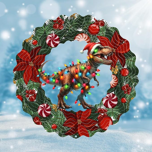 Dinosaur Metal Wind Spinner 3D Hanging Christmas Hat Wind Spinners Decor Christmas Dinosaur Metal Wind Sculptures for New Year Gift Party Yard Garden Outdoor Indoor Decor
