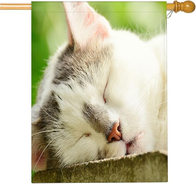 Mugod Sleepy Cat House Flags for Outdoor Decoration, Lovely Cat Face Cute Animal Large Yard Flag Burlap Banner 28 x 40 Double Sided Seasonal Flag Outside