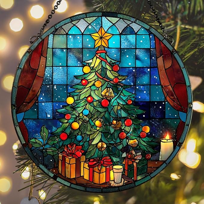 Christmas Tree Colorful Ornaments Hanging Acrylic Suncatcher Stained Glass Effect Window Car Hanging Christmas Ornament Indoor Outdoor Decor Garden Sun Catcher Panel for Women Mom Grandma