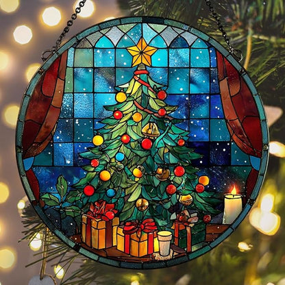 Christmas Tree Colorful Ornaments Hanging Acrylic Suncatcher Stained Glass Effect Window Car Hanging Christmas Ornament Indoor Outdoor Decor Garden Sun Catcher Panel for Women Mom Grandma