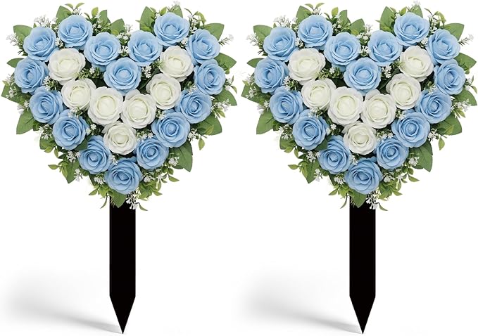 Frienda 2 Sets Cemetery Flowers Grave Stake Metal Floral Decor for Tombstone, Outdoor Gravesite Markers for Mom Dad, Memorial Day Spring Easter Grave Decor(Heart,Blue,White)