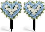 Frienda 2 Sets Cemetery Flowers Grave Stake Metal Floral Decor for Tombstone, Outdoor Gravesite Markers for Mom Dad, Memorial Day Spring Easter Grave Decor(Heart,Blue,White)