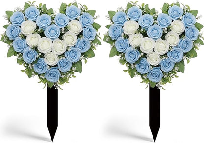 Frienda 2 Sets Cemetery Flowers Grave Stake Metal Floral Decor for Tombstone, Outdoor Gravesite Markers for Mom Dad, Memorial Day Spring Easter Grave Decor(Heart,Blue,White)