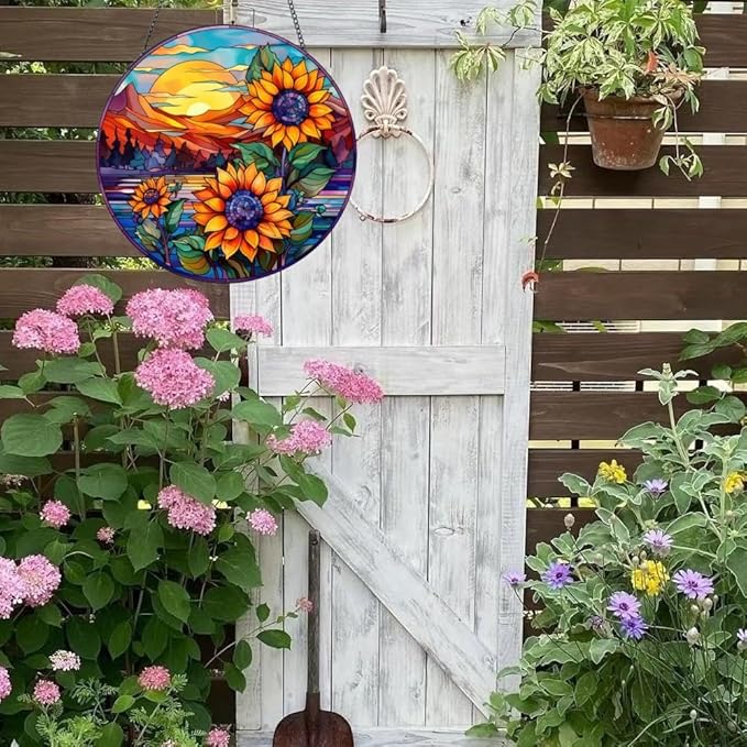 Sunflowers Suncatcher Sunflowers Stained Glass Suncatchers Stained Glass Ornament for Home Decor Indoor Wall Art Gift for Mother Women Friends (Sunflowers and Sun, M)