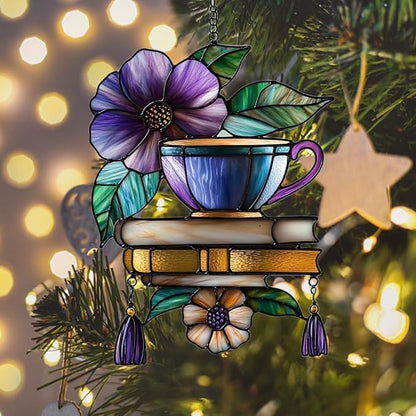 Hibiscus Tea Cup and Books Acrylic Suncatcher Stained Glass Effect Window Car Hanging Christmas Ornament Indoor Outdoor Decor Garden Sun Catcher Panel for Book Lover for Women Mom Grandma