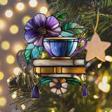Hibiscus Tea Cup and Books Acrylic Suncatcher Stained Glass Effect Window Car Hanging Christmas Ornament Indoor Outdoor Decor Garden Sun Catcher Panel for Book Lover for Women Mom Grandma