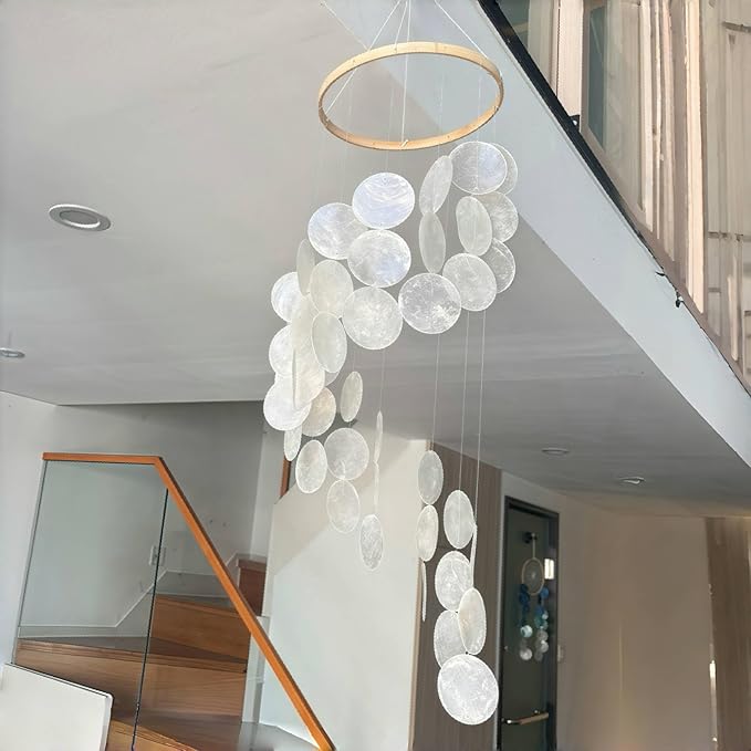 Wind Chimes for Outside Handmade White Capiz Shells Seashell Sea Glass Arts Windchime Beach Coastal Outdoor Crafts Garden Decor Gardening for Women Patio Finds