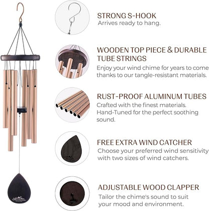 UpBlend Wind Chimes for Outside Gift – Deep Tone Wind Chime with Decorative Stone – Porch & Patio Decor, Elegant Outdoor Ornament, Garden Gifts. 28” Gold.