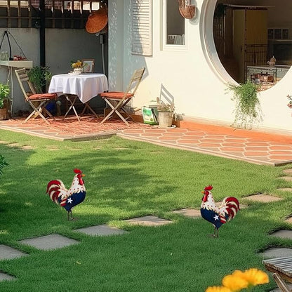Rooster Garden Statue,12 in 2D Graphic Design Metal Rooster Decor Garden Statue with Stakes,Standing Small Metal Chicken Yard Decor Figurines,Patio Backyard Lawn Home Chicken Sculpture(Not 3D)
