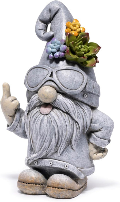 basen Funny Garden Gnome Statue, Resin Outdoor Lawn Yard Decor, Cool Sunglasses Gnome Figurine with Succulent Hat Accent, Weatherproof Patio Porch Backyard Decoration, Unique Gift Idea