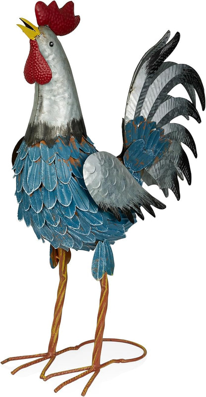 Alpine Corporation 23" Tall Outdoor Metal Silver Tail Rooster Statue with Vibrant Design, Garden Decor, Silver/Blue