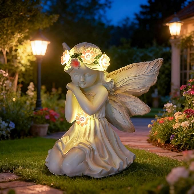 Solar Garden Outdoor Statues Lights, Resin Angel Figurine Light for Patio, Balcony, Yard, Lawn Ornament, Unique Housewarming Gifts and Yard Decor