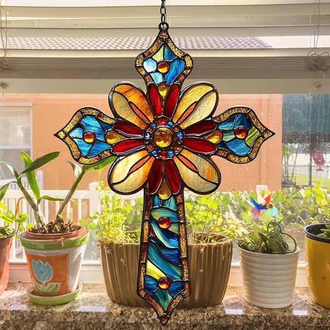 Christian Cross Acrylic Suncatcher Stained Glass Effect Window Car Hanging Christmas Ornament Indoor Outdoor Decor Garden Memorial Sun Catcher for Family Christmas Jesus Gift for Women Mom Grandma