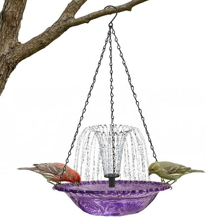 Hanging Solar Bird Bath Fountain - Outdoor Hanging Bird Bath with Solars Pump & Glass Bowl for Patio Yard Decor (Purple)