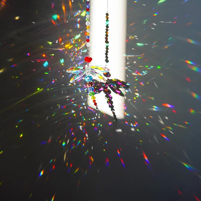 8" Hanging Dragonfly Pendant Chandelier Crystal Ball Prisms Rainbow Beads Chakra Suncatcher Home Windows Decor Ornament for Christmas Tree