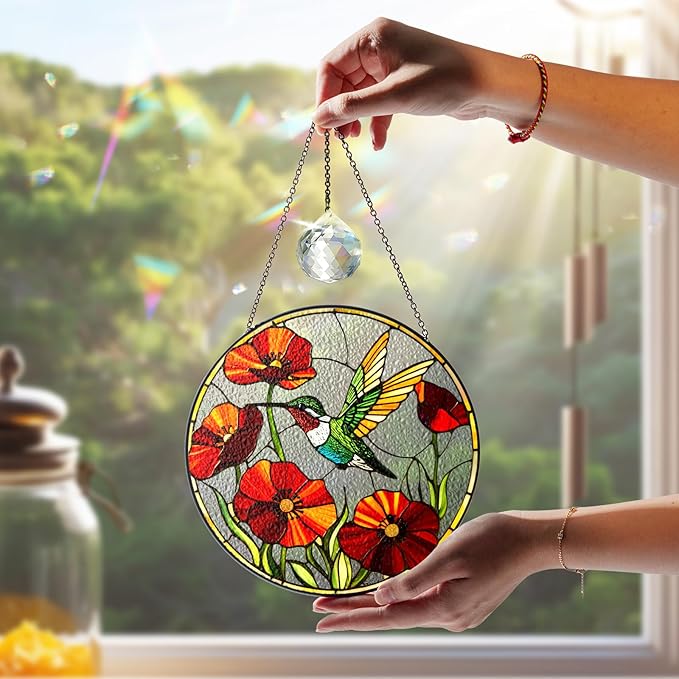 6" Hummingbird Stained Glass Suncatcher, Bird Window Hanging Ornament, Hummingbird Keepsake Theme Gift for Mom, Women, Bird Lovers, Garden Decor and Stained Glass Art for Home Display