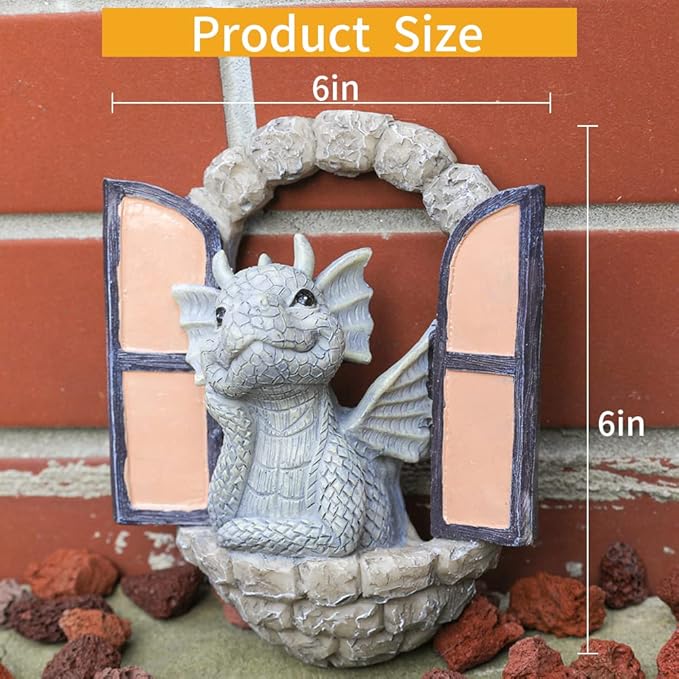 SHOWFEICAT Dragon Garden Ornament Resin Craft Ornament Statue Fairy Door Yard Art Outdoor and Garden Solar Light Luminous Sand Open Door Dragon Wall Statue Outdoors Decor (Eye to Eye)