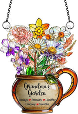 Personalized Grandmas Garden Stained Glass Acrylic Suncatchers, Custom Name Birth Month Flowers Window Hanging Ornament, Mothers Day Christmas Birthday Gifts for Grandma Mom Nana Mimi (Style 04)
