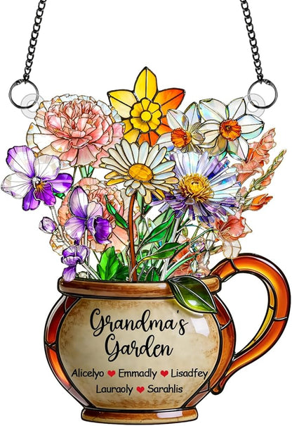 Personalized Grandmas Garden Stained Glass Acrylic Suncatchers, Custom Name Birth Month Flowers Window Hanging Ornament, Mothers Day Christmas Birthday Gifts for Grandma Mom Nana Mimi (Style 04)