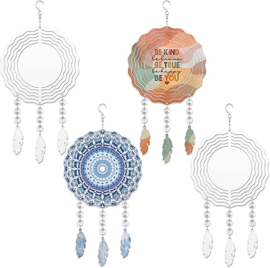 4Pack 8inch Sublimation Wind Spinner Blanks 3D Aluminum Metal Wind Sculpture Kinetic Spinners for Yard and Garden Indoor Art Ornaments Hanging Decoration (Feather)