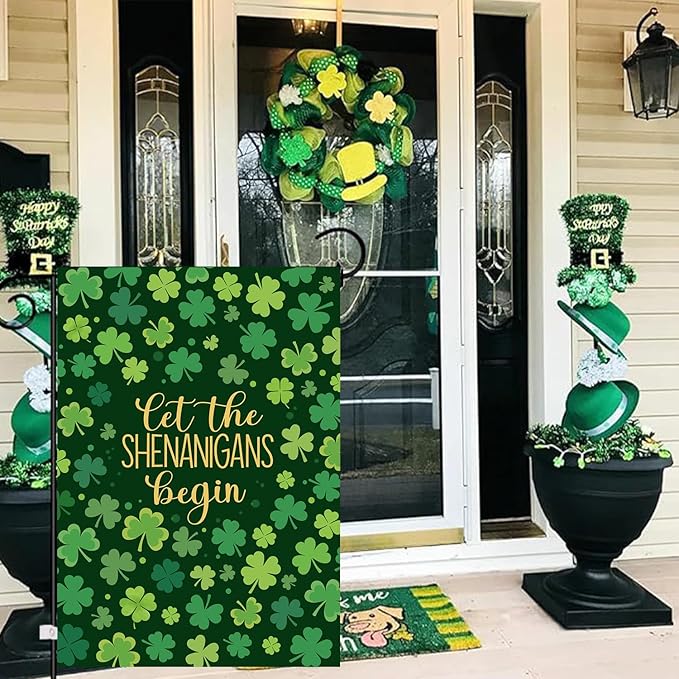 St Patricks Day Garden Flag 12x18 Double Sided for Outside Shamrock Clover Let the Shenanigans Begin Yard Signs Saint Patrick Spring Outdoor Decorative
