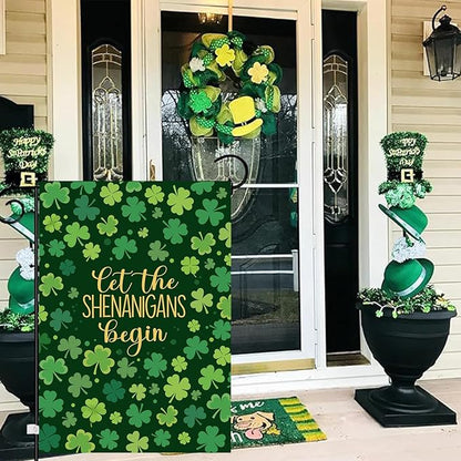St Patricks Day Garden Flag 12x18 Double Sided for Outside Shamrock Clover Let the Shenanigans Begin Yard Signs Saint Patrick Spring Outdoor Decorative