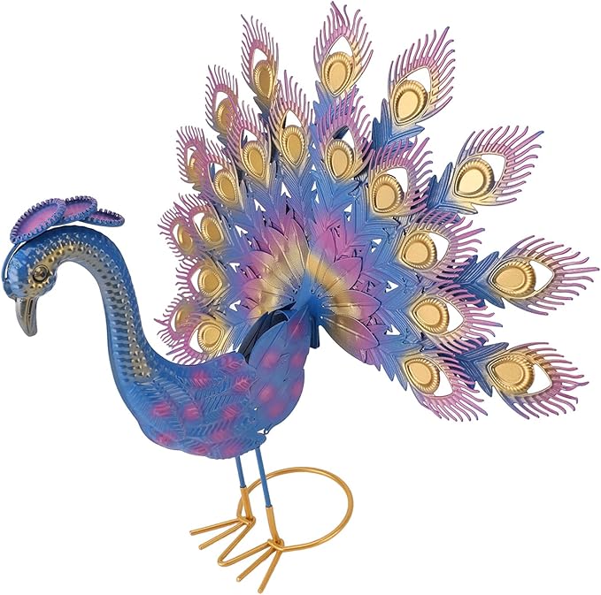 Peacock Garden Statue | Iron Yard Decor with Vivid Colors & Intricate Details | Outdoor Patio/Lawn/Porch Decoration | Freestanding Sculpture for Backyard