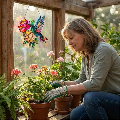 Hummingbird Handmade Resin Suncatchers Peony Flowers, Artisan Sun Catcher Stained Glass Effect Hummingbird Ornaments Window Hanging Garden Decor, Gifts for Mother's Day, Mom, Grandma, Wife, Women