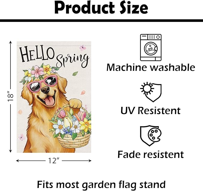 Heyfibro Hello Spring Golden Retriever Garden Flag 12x18 Inch Double Sided Spring Flowers Garden Flag Small House Flags for Outside Yard Farmhouse Holiday Seasonal Outdoor Decorations