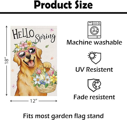 Heyfibro Hello Spring Golden Retriever Garden Flag 12x18 Inch Double Sided Spring Flowers Garden Flag Small House Flags for Outside Yard Farmhouse Holiday Seasonal Outdoor Decorations