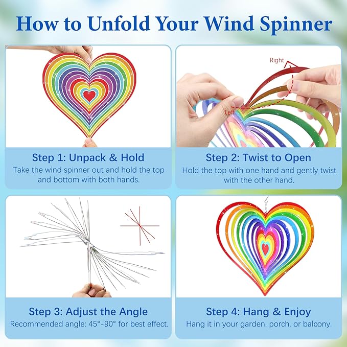 Wazzio Love Heart Wind Spinners Outdoor, Hanging Wind Spinners for Birthday Christmas Valentines Day, 12 inch Outdoor Indoor Hanging Ornament for Garden Porch Backyard Lawn